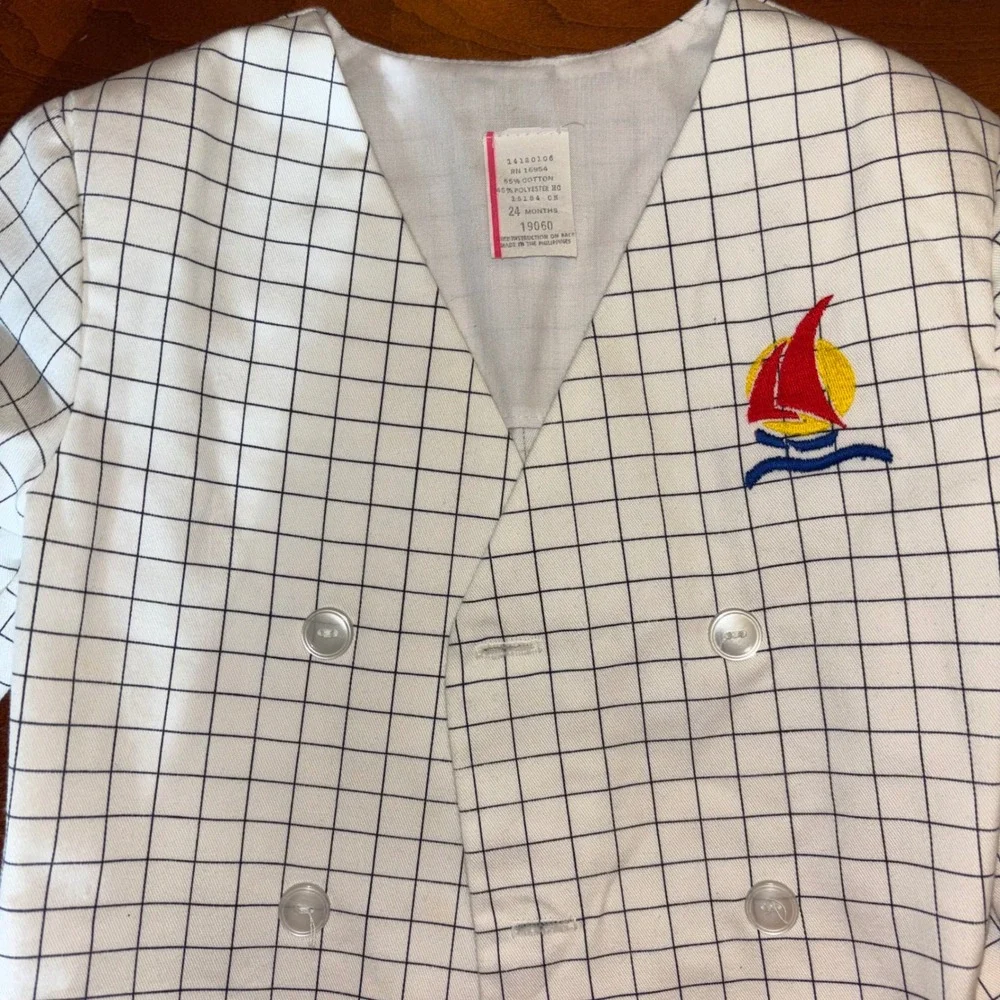 Kids/Baby Vintage Nautical Sailboat Grid Button Front Jacket Top | 24‎ Months